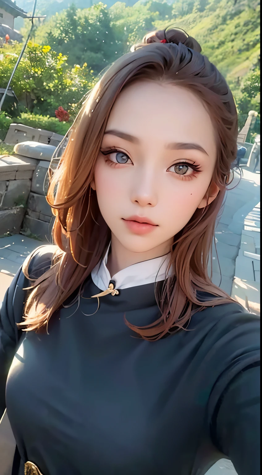 tmasterpiece, Best quality, 8K high resolution,18yo Girl, beauitful face, highdetailskin,red tinted hair, long leges,Bigchest,hyper-detailing, 超高分辨率, realistically, ,lens flare glow, (Top buns:1.5),(Same makeup for both eyes:1.5),It's a perfect face,pull eyes, Detailed lighting, 詳細な目,facelift,putting makeup on,Full body lesbian,Background with,Big gears,Big gears,with blue sky and white clouds,The mountains are full of flowers,The Great Wall of China
