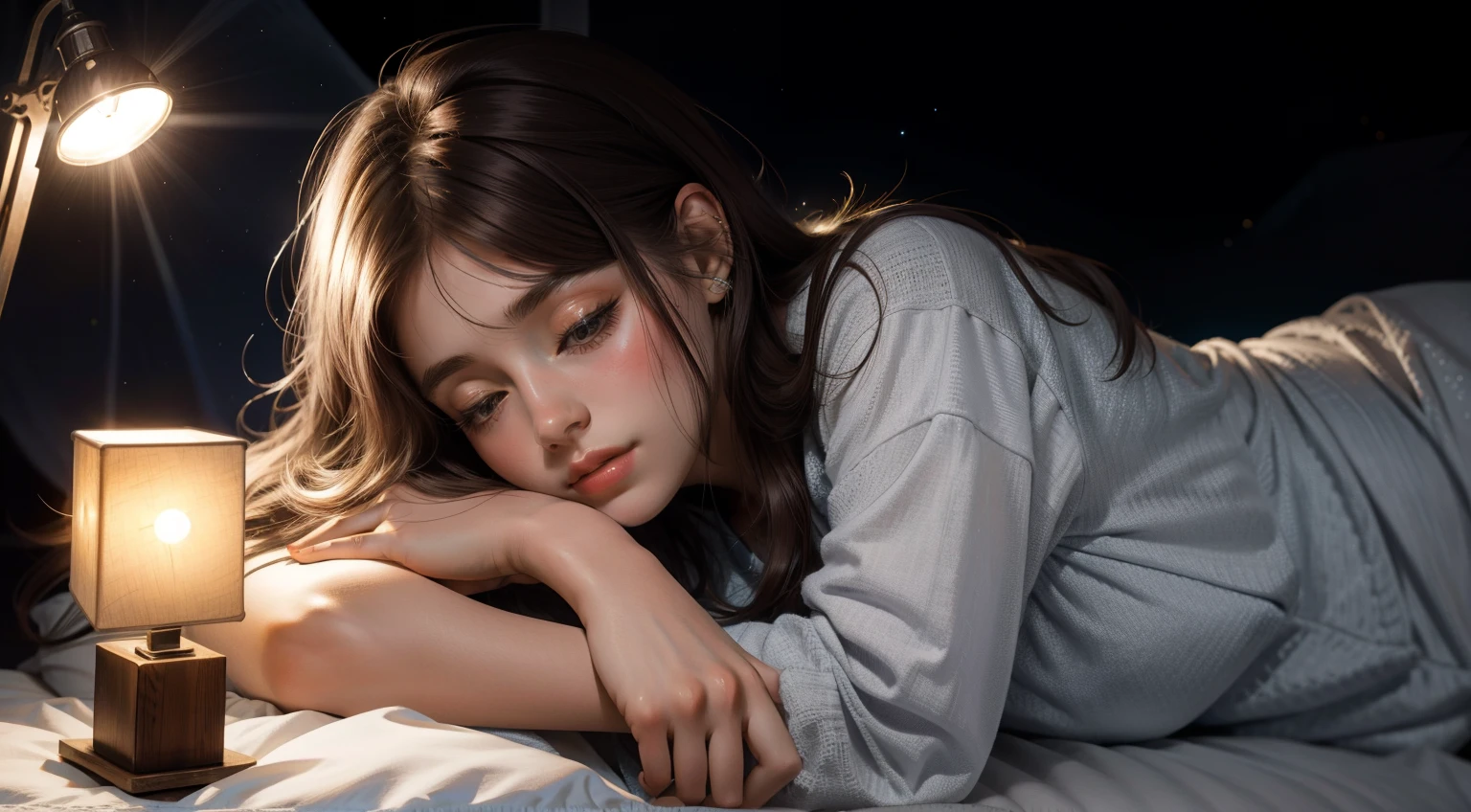 Sleeping teenage girl posing on a white bed, Put your head on the pillow, Dark night sky in mountain cave, Turn off the light, Turn off the lamp, 22 years old, Ultra-realistic, She is wearing pajamas, Brown Hair. Perfect hands and perfect fingers.