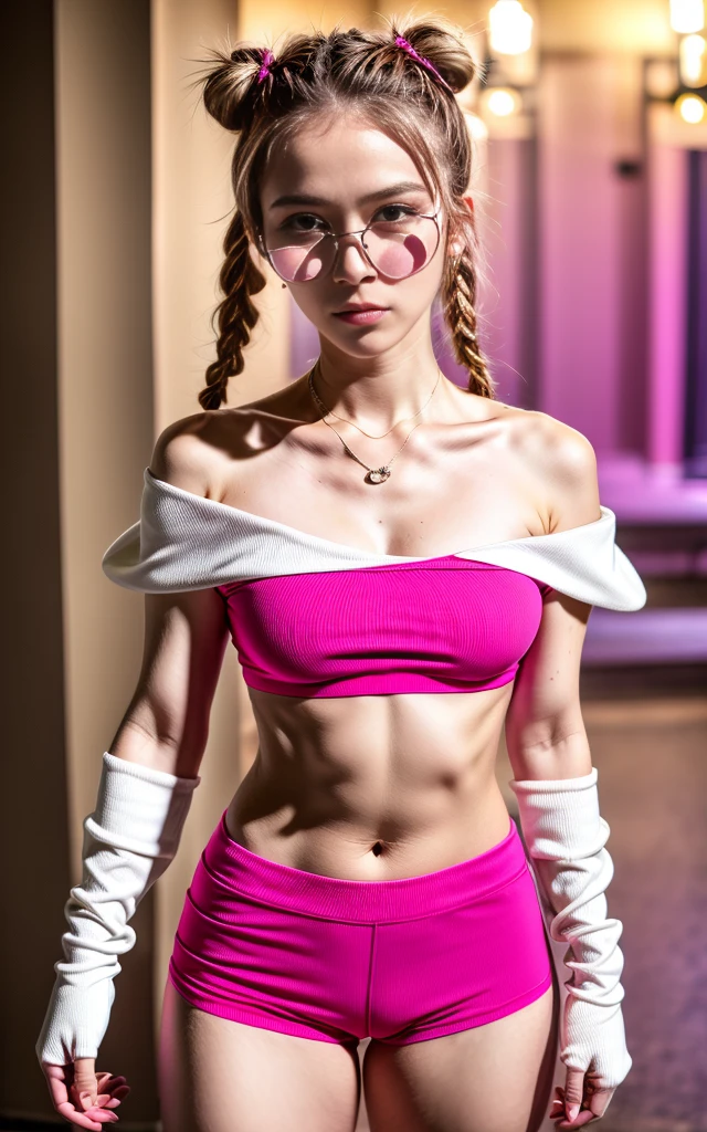 (8K, Masterpiece, RAW photo, Best quality, detail:1.3), (ultra realistic:1.4, scenary, 8K), Depth of field, Cinematic light, (ultra realistic face), (1 ultra skinny girl:1.6), (Beautiful and elegant girl), (tight pink minishorts:1.4), (girl with glasses), (latina face:1.5), (natural abs), (full body:1.6), (off-shoulder tight minitop:1.4), (small necklace, collarbone), (ultra detailed skin:1.3), (tight small gloves:1.2), (complete standing pose:1.2), (ultra realistic skin:1.3), (tight white minitop), (braided bun hair)