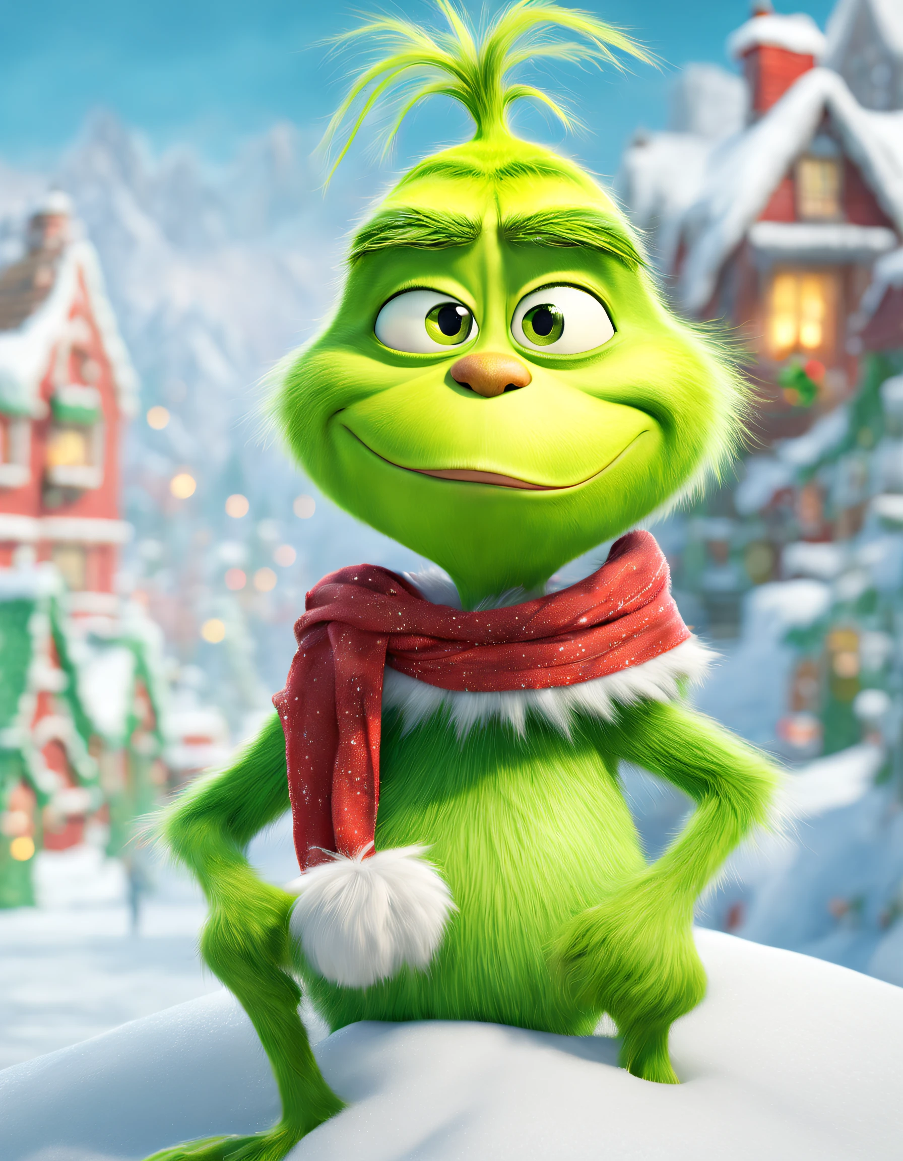 ultra-realistic realism, by Pixar, 电影灯光, expected insert, Outer border, in a panoramic view, wide angles, Sony FE General Manager, tmasterpiece, hyper HD, ctextured skin, high detal, high qulity, Award-Awarded, Best quality at best, A high resolution, 8K
(Grinch stands on a cliff overlooking Woville Town），Grinch is a green, furry, big bellied, pear shaped, slender legged, short nosed humanoid creature with a cat like face and a cynical expression, wearing a red and white scarf. Background: Ice covered cliffs and Christmas decorated Whoville Town