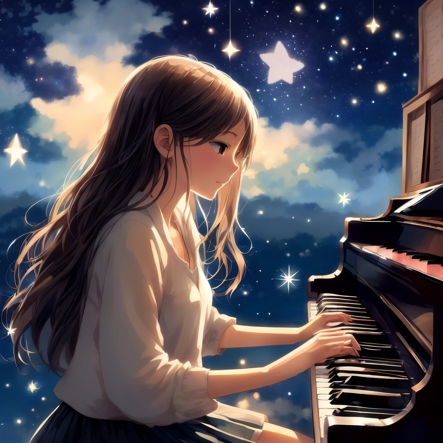 Anime girl playing piano under the starry sky, pianist, nightcore, Play the piano, background artwork, Beuatiful anime, Beautiful anime girls, A beautiful artistic illustration, Shinkai sincerely. a digital rendering, pianos, Anime Pictures, a beautiful anime portrait, (animemanga girl), Realistic cute girl painting, makoto shinkai art style, anime digital art