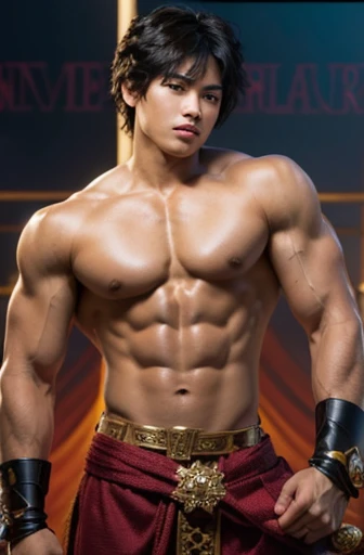 (masterpiece, best quality:1.2), majapahit warrior shoot, solo, male focus, topless, 1 boy, saint seiya \(sf\), serious, closed mouth, looking at viewer, black hair, fingerless gloves,