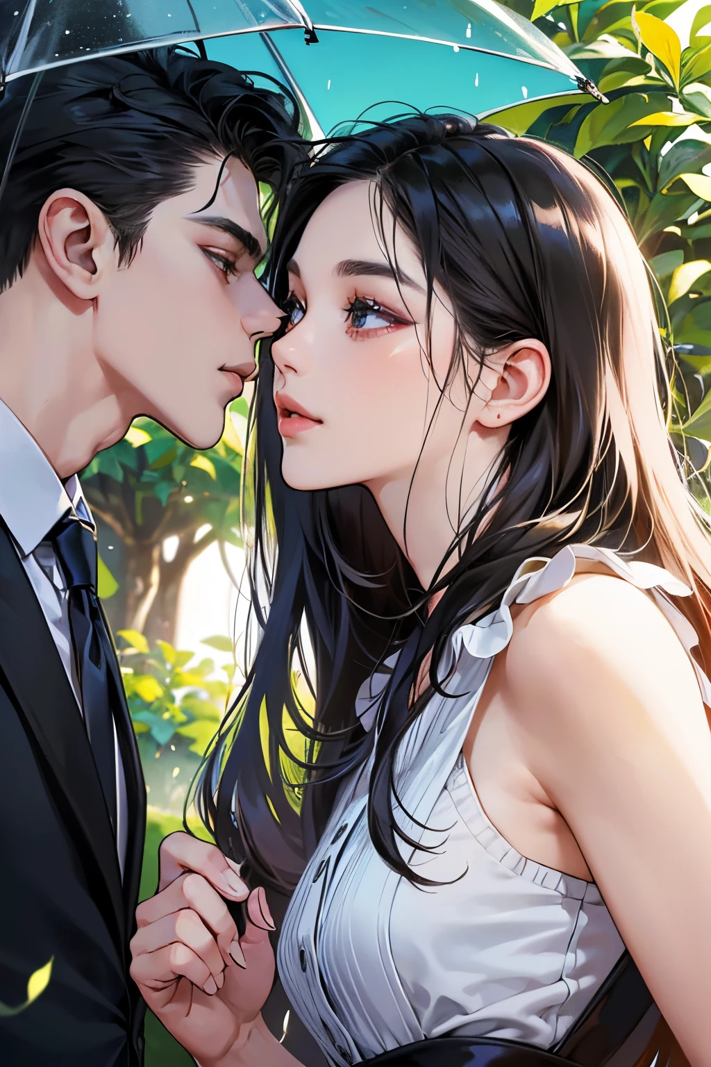 (masutepiece, Digital Art, Digital Illustration, 4K, 8K, Ultra-detailed, beautiful image, Sharp Image, Photorealistic, Raw photo, Perfect face, Perfect lines, Perfect eyes, Soft lighting) 1 woman, (Long Black Hair,straight haired,Bullish gaze,Beautie,Woman in suit,Solid makeup,23 y-o woman,small tits:1.3),Secretary, Two handsome men in suits, (ember,Men in suits,well-muscled,Firm shoulder width,Adult male,Boyish hairstyle,English gentlemanly style,Man in his 30s with a cool expression,28-year-old man with bright smile:1.2),couple kissing、kiss、the kiss、Romance、Kissing、rainy day、Refers to an umbrella、antique shop garden、English Garden、Outer phase