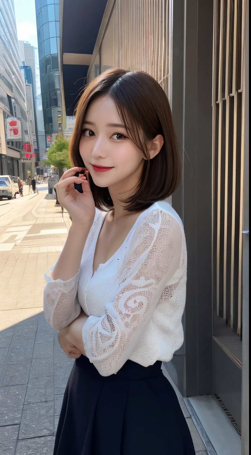 masutepiece, Best Quality, Illustration, Ultra-detailed, finely detail, hight resolution, 8K Wallpaper, Perfect dynamic composition, Beautiful detailed eyes, doress, Short Bob, mid-chest, Natural Color Lip, Random and sexy poses,Smile,Aoyama Street Walk、20 years girl