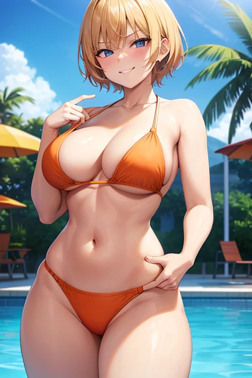 Orange bikini, 1girl, shirt lift, lift shirt, white shirt, clothes lift, lift by self, very short hair, short hair, blonde hair, blue eyes, large breasts, breasts, wide hips, thick thighs, smug, smirk, smile, pool