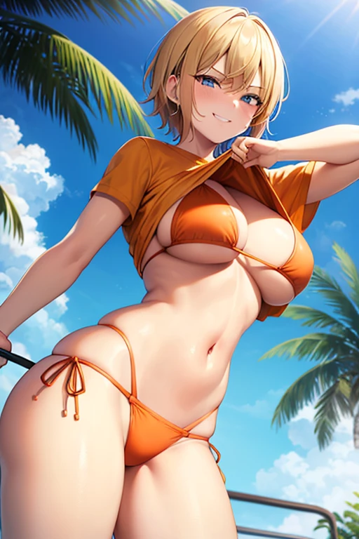 Orange bikini, 1girl, shirt lift, lift shirt, white shirt, clothes lift, lift by self, very short hair, short hair, blonde hair, blue eyes, large breasts, breasts, wide hips, thick thighs, smug, smirk, smile, pool
