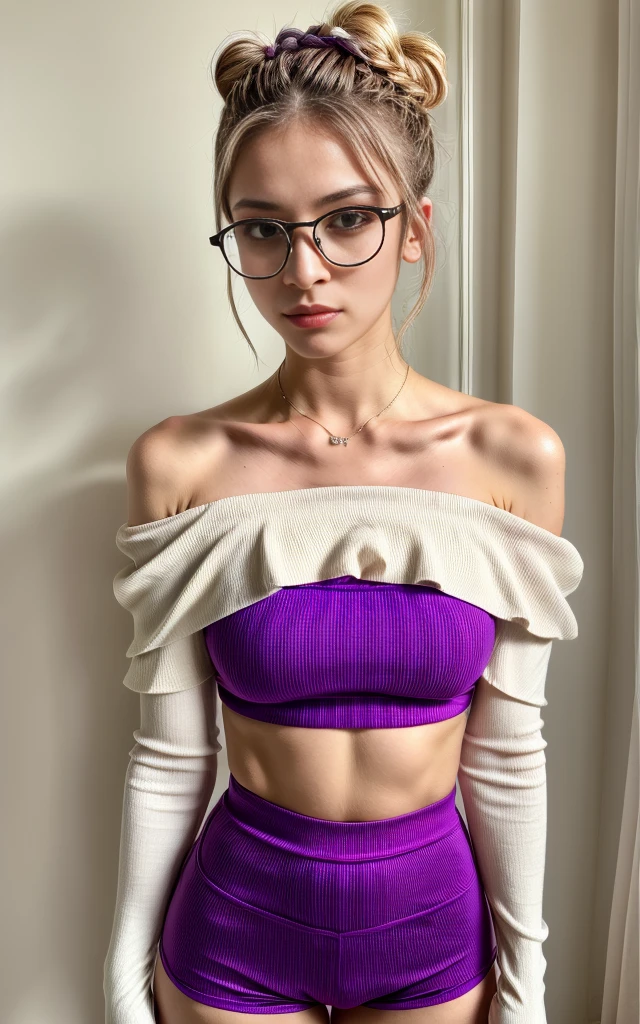 woman with a headphone on posing for a picture, leeloo outfit, better known as amouranth, leeloo, amouranth, misty from pokemon, thicc, bra and shorts streetwear, young beautiful amouranth, sport bra and shorts, short redhead, strong pose, sweaty 4 k, tight outfit, (photo realistic:1.4) kodak film, ultra realistic face, photorealistic effect, 8k, perfetc eyes, perfect edges, perfetc body and hair ultra realistic, hair with great details, perfect face
