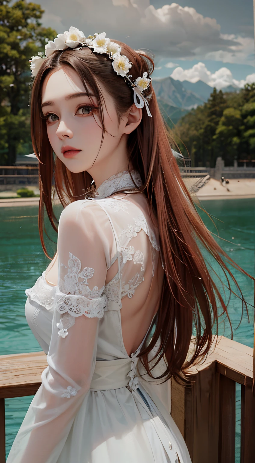 tmasterpiece, Best quality, 8K high resolution,18yo Girl, beauitful face, highdetailskin,red tinted hair, long leges,Bigchest,hyper-detailing, 超高分辨率, realistically, ,lens flare glow, (Top buns:1.5),(Same makeup for both eyes:1.5),It's a perfect face,pull eyes, Detailed lighting, 詳細な目,facelift,putting makeup on,Full body lesbian,Background with,Big gears,Big gears,with blue sky and white clouds,The mountains are full of flowers,The Great Wall of China