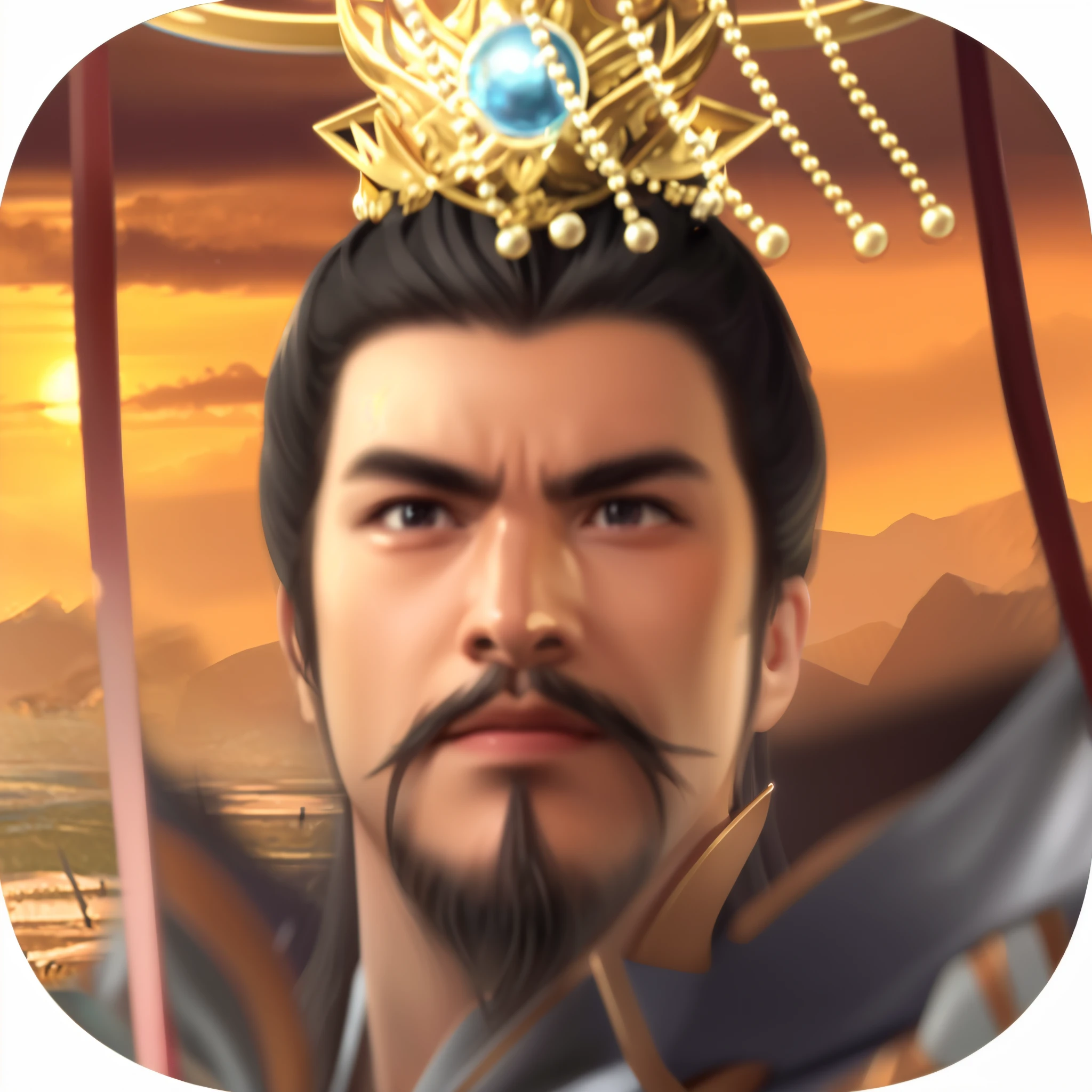 Arafad image of a man with a crown on his head, zhao yun, xianxia hero, inspired by Li Kan, heise jinyao, bian lian, Inspired by Guo Chun, inspired by Wu Bin, royal emperor, inspired by Dong Yuan, Inspired by Puhua, Inspired by Cao Zhibai, drak, inspired by Zhang Wo,sparkle, backlighting, reflection light, ray tracing, close-up, Classicism, drop shadow, UHD, retina, masterpiece, ccurate, super detail, best quality, award winning, highres, high details, 1080P, 4K, 8k, 16k