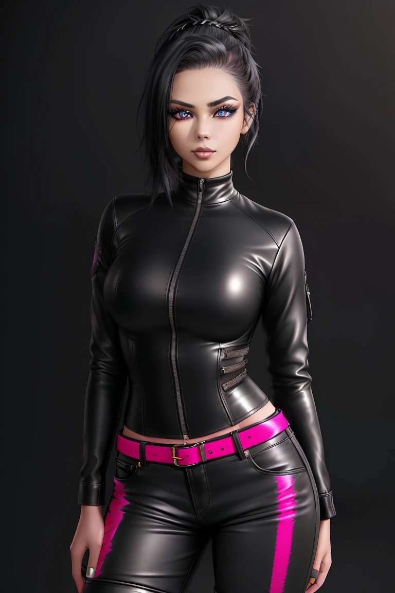 beautiful girl, ((standing:1.4)), (confident gaze:1.1), full body, short bright neon streaked black hair, ((realistic highly detailed eyes:1.4)), ((seductive pose:1.2)), black eyeshadow, (street style wear:1.2), ((tight fitted pants)), ((knee high leather boots)), ((dark plain black background:1.4)), dark makeup, digital art, trending on artstation, highly detailed, fine detail, intricate, detailed facial features, sharp focus, smooth, aesthetic,