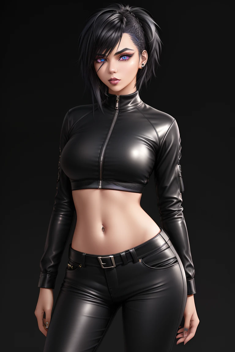 beautiful girl, ((standing:1.4)), (confident gaze:1.1), full body, short bright neon streaked black hair, ((realistic highly detailed eyes:1.4)), ((seductive pose:1.2)), black eyeshadow, (street style wear:1.2), ((tight fitted pants)), ((knee high leather boots)), ((dark plain black background:1.4)), dark makeup, digital art, trending on artstation, highly detailed, fine detail, intricate, detailed facial features, sharp focus, smooth, aesthetic,