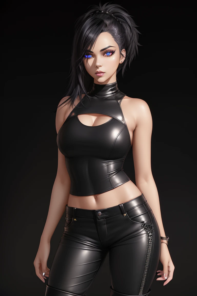(best quality), 1girl, female, pale skin, black hair, short hair, fluffy hair, messy bangs, bangs over eyes, blue eyes, perfect eyes, bags under eyes, lanky body, frown, attractive, goth girl, long sleeved black crop top, black nails, black earstuds, masterpiece, anatomically correct, highres