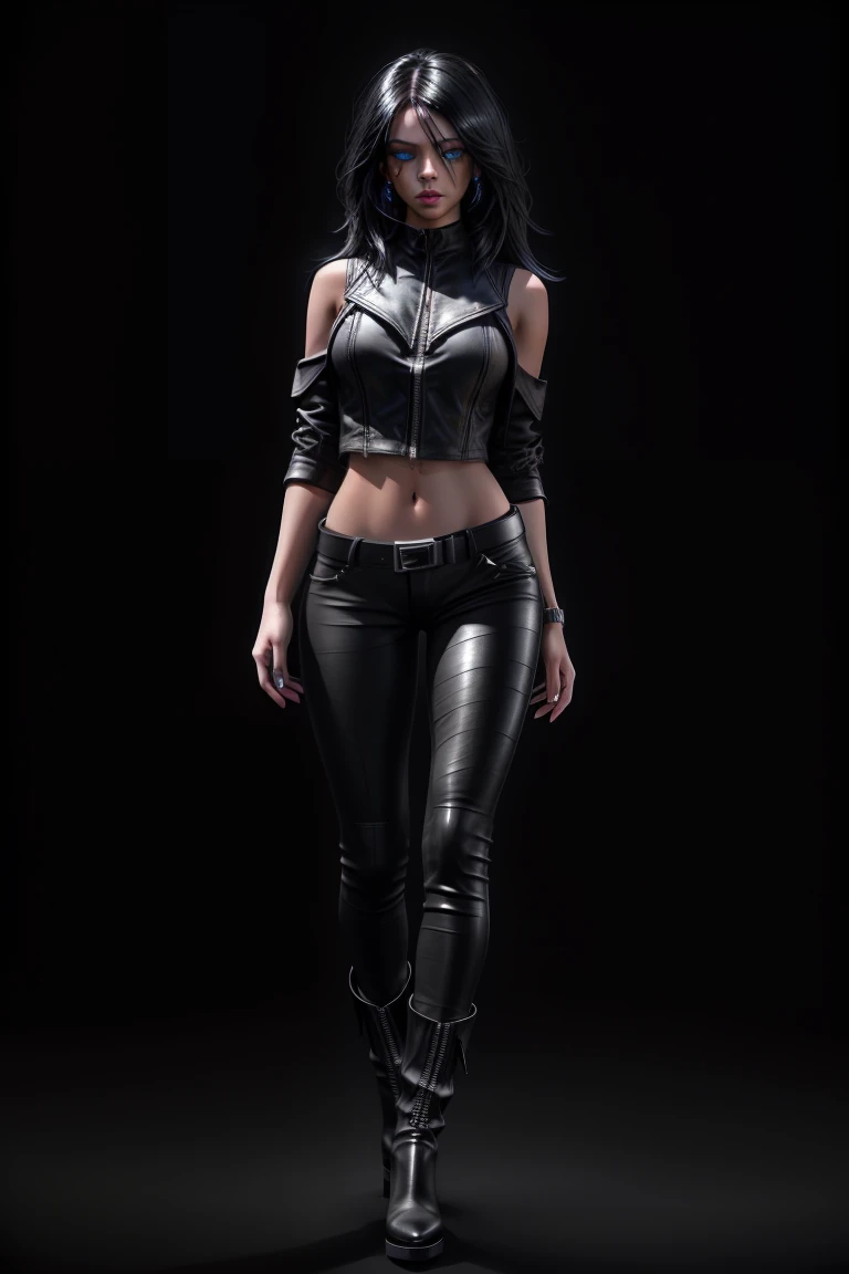 beautiful girl, ((standing:1.4)), (confident gaze:1.1), full body, short bright neon streaked black hair, ((realistic highly detailed eyes:1.4)), ((seductive pose:1.2)), black eyeshadow, (street style wear:1.2), ((tight fitted pants)), ((knee high leather boots)), ((dark plain black background:1.4)), dark makeup, digital art, trending on artstation, highly detailed, fine detail, intricate, detailed facial features, sharp focus, smooth, aesthetic,