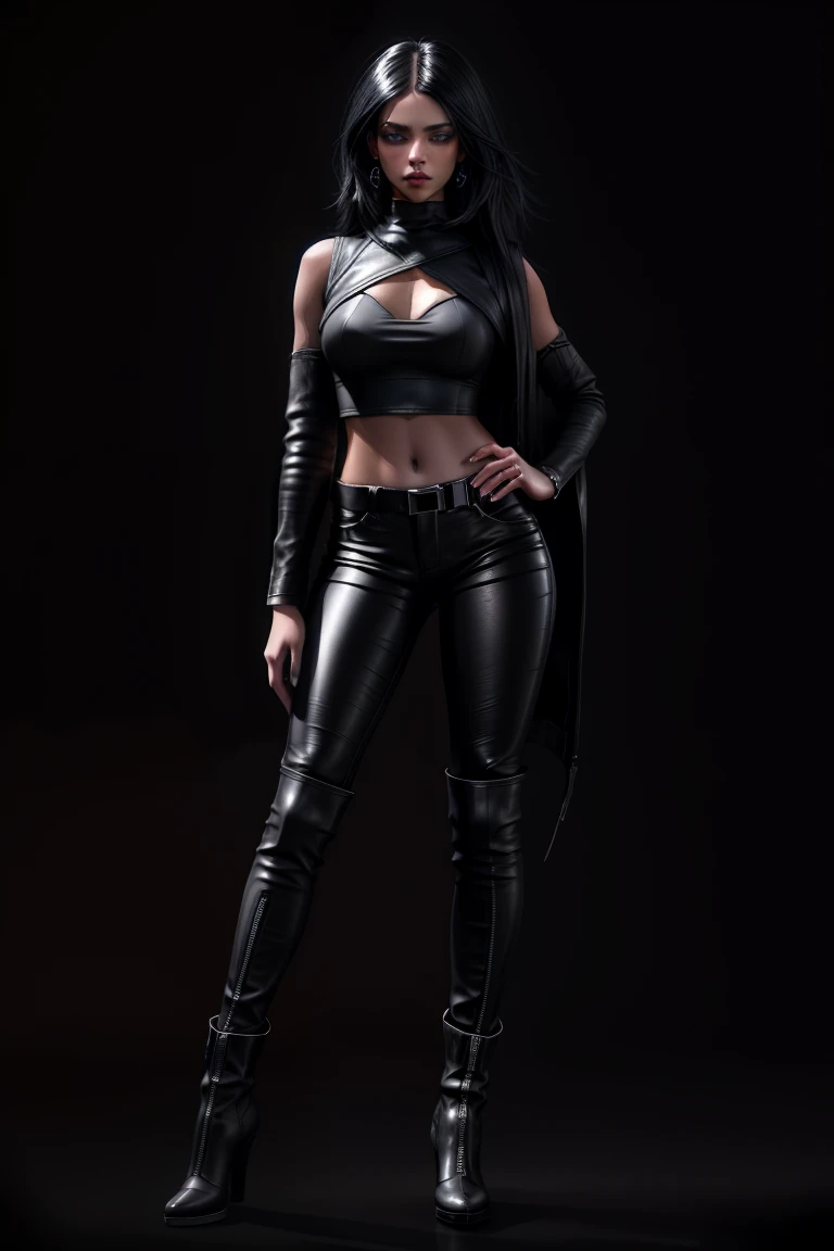 beautiful girl, ((standing:1.4)), (confident gaze:1.1), full body, short bright neon streaked black hair, ((realistic highly detailed eyes:1.4)), ((seductive pose:1.2)), black eyeshadow, (street style wear:1.2), ((tight fitted pants)), ((knee high leather boots)), ((dark plain black background:1.4)), dark makeup, digital art, trending on artstation, highly detailed, fine detail, intricate, detailed facial features, sharp focus, smooth, aesthetic,
