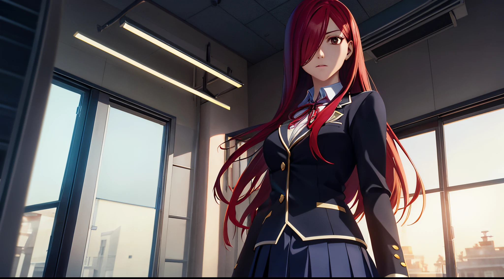 erza, 1girl, solo, long_hair, medium breasts,brown_eyes,red_hair,hair over one eye, standing, looking at viewer,school uniform,praying beads on neck, long skirt,inside classroom,anime style,deep depth of field,wide angle view,Lumen Reflections,Screen Space Reflections,Diffraction Grading,Chromatic Aberration,GB Displacement,Scan Lines,Ray Traced,Anti-Aliasing,FXAA,TXAA,RTX,SSAO,Shaders,OpenGL-Shaders,GLSL-Shaders,Post Processing,Post-Production,cell Shading,Tone Mapping,CGI,VFX,SFX,insanely detailed and intricate, 4K