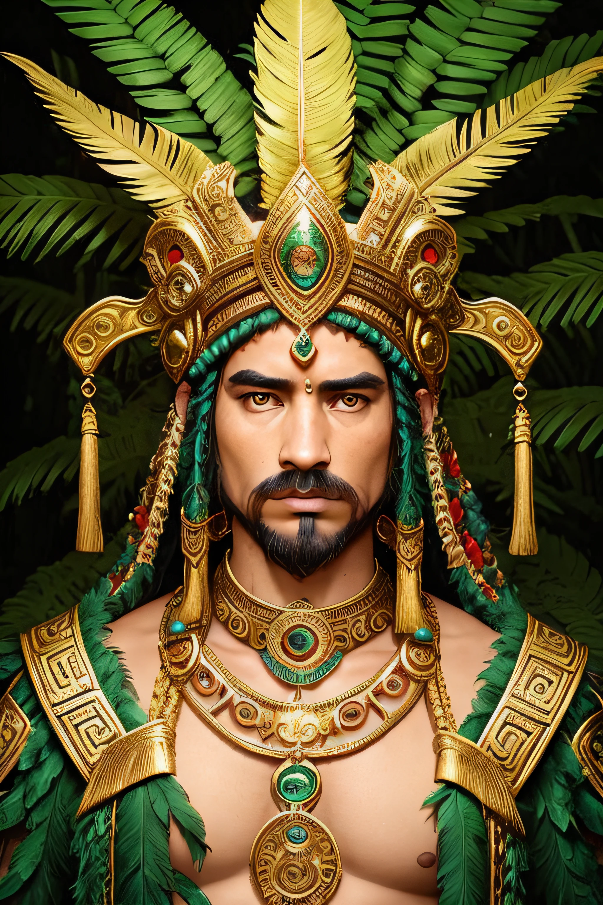 a powerful aztec god in a vibrant jungle, ancient gold and jade artifacts, ceremonial costumes, intricate facial patterns, sacred temples, mystical aura, extravagant feather headdress, intense gaze, intricate carvings, lush green foliage, dramatic lighting, vibrant colors