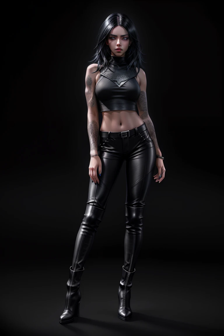 beautiful girl, ((standing:1.4)), (confident gaze:1.1), full body, short bright neon streaked black hair, ((realistic highly detailed eyes:1.4)), ((seductive pose:1.2)), black eyeshadow, (street style wear:1.2), ((tight fitted pants)), ((knee high leather boots)), ((dark plain black background:1.4)), dark makeup, digital art, trending on artstation, highly detailed, fine detail, intricate, detailed facial features, sharp focus, smooth, aesthetic, white bacground