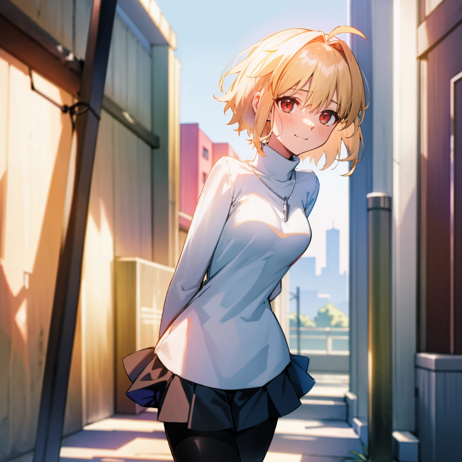arcueid \(tsukihime\), 1girl, alley, arms behind back, black pantyhose, blue pleated skirt, blush, breasts, building, cowboy shot, day, chain necklace \(arcueid\), large breasts, looking at viewer, outdoors, smile, solo, standing, white long sleeves turtleneck sweater, taut clothes, thigh gap, closed mouth, leaning forward,