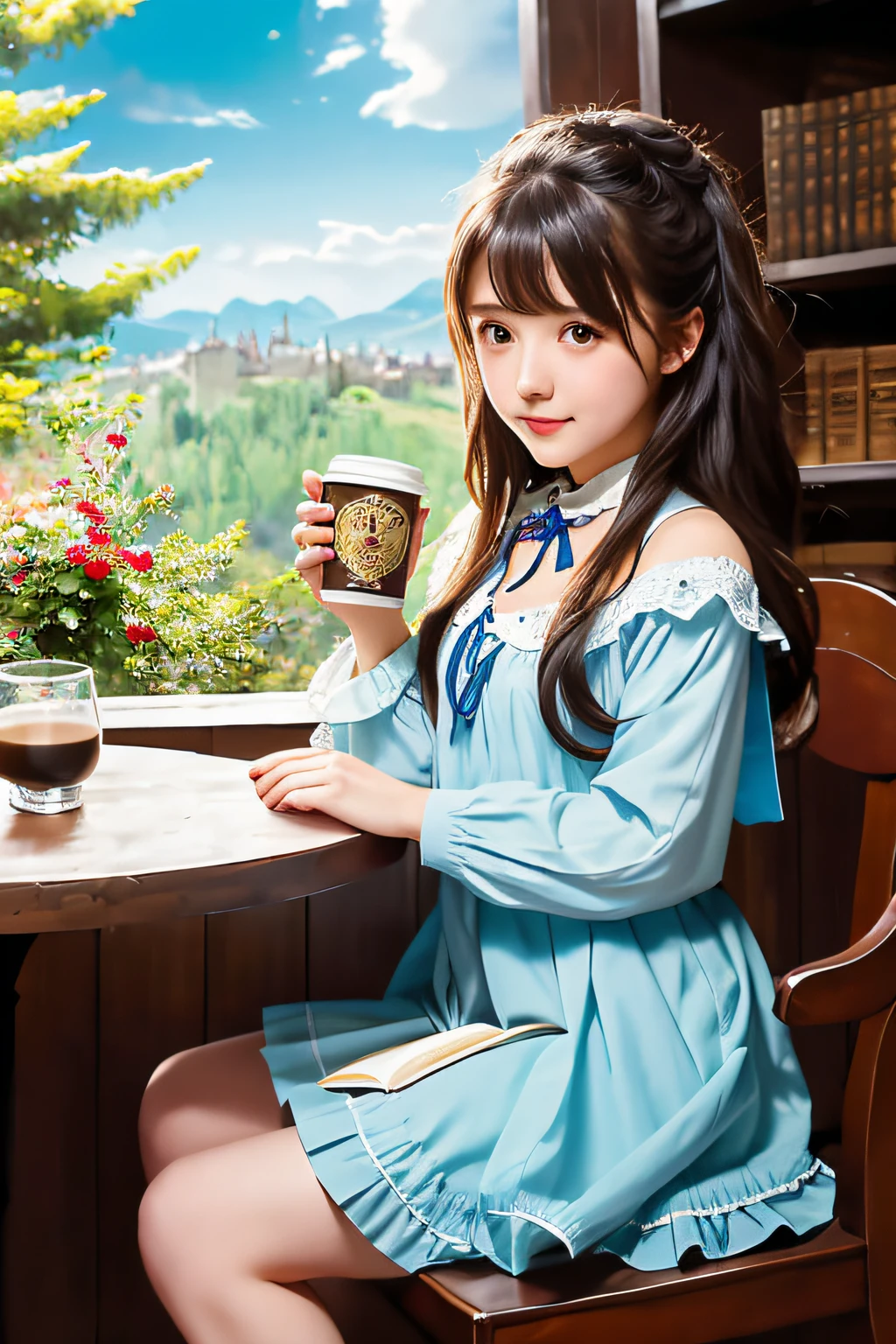 Girl sitting on a chair with a coffee cup in hand, alchemist girl, Light Novel Cover Art, Official art, epic light novel art cover, official artwork, epic light novel cover art, Lori, Isekai, Small curved loli, Kshat Krenz, Feminine art of Kushat Klentsky, shadowverse style, Moe Dwarf,