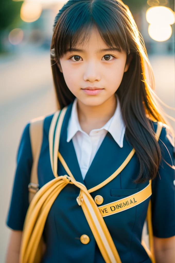 15 year old school girl in a school girl uniform, Canon EOS 5D Mark IV with 50mm f/1.8 lens	Natural light during golden hour	Close-up shot with a blurred background, capturing the uniform's details	Enhanced color saturation and subtle vignette in post-processing, Edgy Glam: Bold and edgy eye makeup with graphic liner; Matte foundation for a flawless complexion; Nude lips to balance the dramatic eyes; Strong contouring for a sculpted look; Defined brows for added structure.