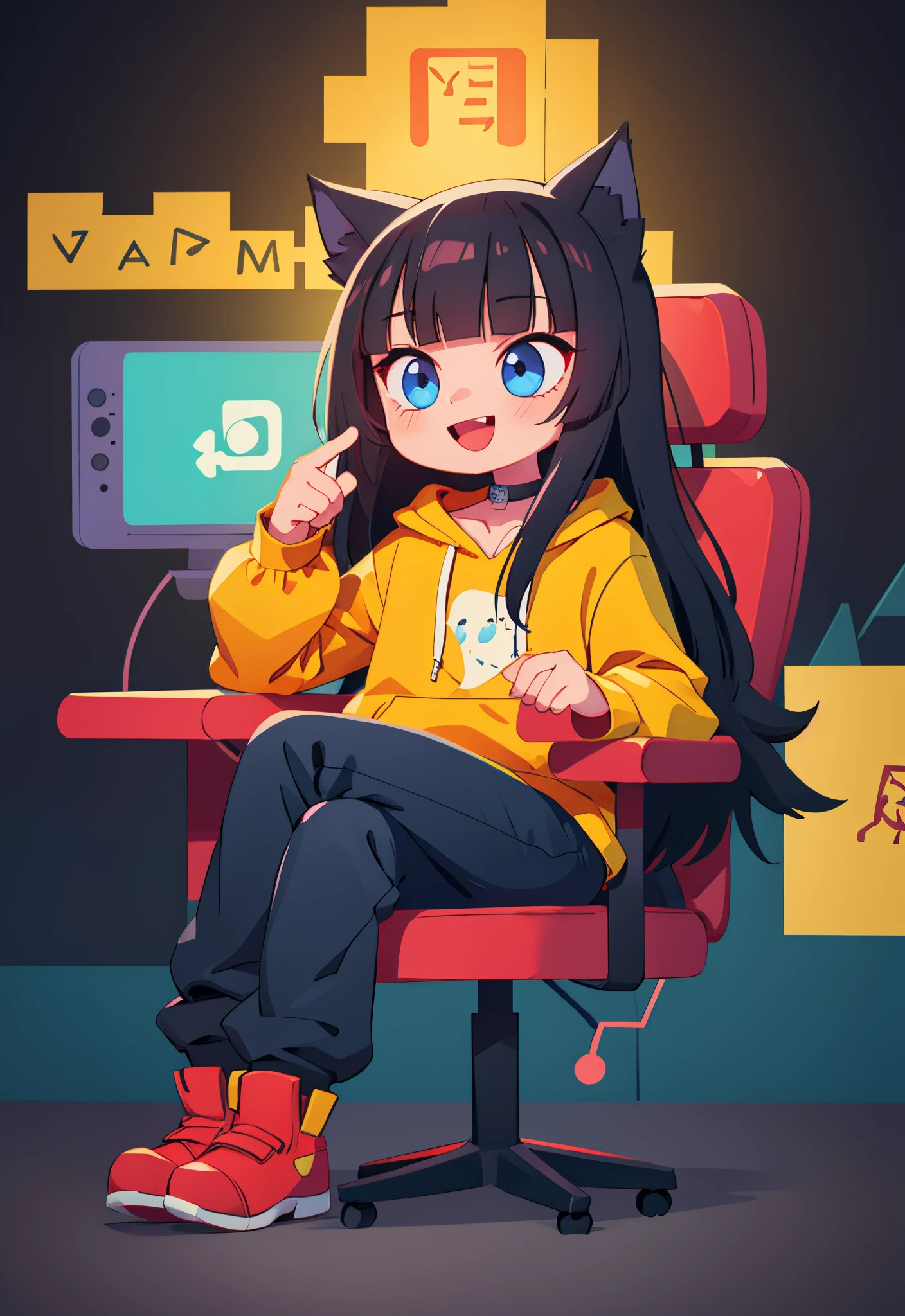 best quality, masterpiece, highly detailed, kawaii,
BREAK (short boy:1.3), 1boy, solo, (long hair, straight hair, black hair, blunt bangs, azure eyes:1.3), (wolf ears), choker, fangs, blush, (realistic:0.8), (sitting in chair, holding a gaming control.)
(oversized clothes, puffy sleeves, red and yellow hoodie, black boots, black pants), happy, :D,
BREAK cute aesthetic illustration, stylized digital art, colorful paint style,