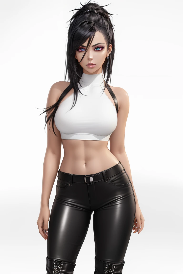 beautiful girl, ((standing:1.4)), (confident gaze:1.1), full body, short bright neon streaked black hair, ((realistic highly detailed eyes:1.4)), ((seductive pose:1.2)), black eyeshadow, (street style wear:1.2), ((tight fitted pants)), ((knee high leather boots)), ((bright plain white background:1.4)), dark makeup, digital art, trending on artstation, highly detailed, fine detail, intricate, detailed facial features, sharp focus, smooth, aesthetic,