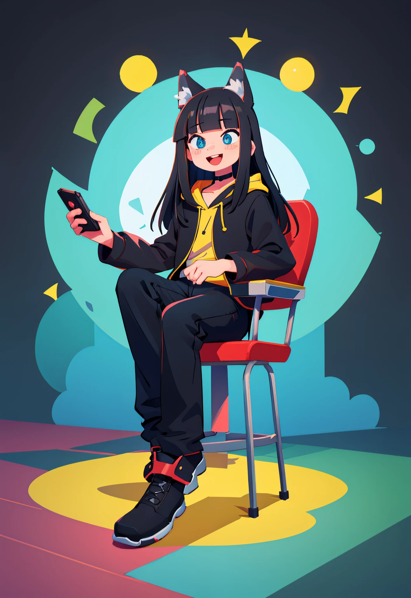 best quality, masterpiece, highly detailed, kawaii,
BREAK (short boy:1.3), 1boy, solo, (long hair, straight hair, black hair, blunt bangs, azure eyes:1.3), (wolf ears), choker, fangs, blush, (realistic:0.8), (sitting in chair, holding a gaming control.)
(oversized clothes, puffy sleeves, red and yellow hoodie, black boots, black pants), happy, :D,
BREAK cute aesthetic illustration, stylized digital art, colorful paint style,