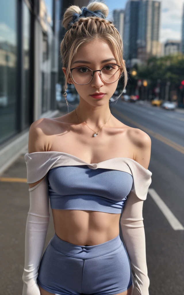 (8K, Masterpiece, RAW photo, Best quality, detail:1.3), (ultra realistic:1.4, scenary, 8K), Depth of field, Cinematic light, (ultra realistic face), (1 ultra skinny girl:1.4), (Beautiful and elegant girl), (tight cyan minidress:1.4), (girl with glasses), (latina face:1.5), (natural abs), (full body:1.6), (off-shoulder tight minidress:1.4), (small necklace, collarbone), (ultra detailed skin:1.3), (tight small gloves:1.2), (complete standing pose:1.2), (ultra realistic skin:1.4), (black hair), (perfect hands:1.4)