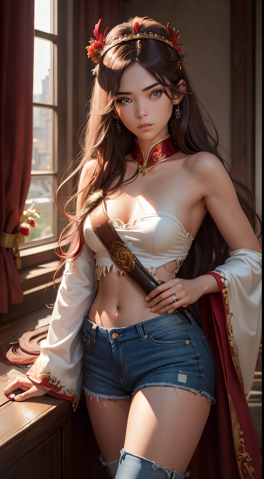 Best Quality, masutepiece, ultra-detailhigh-resolution, (Realistic: 1.4), Watercolor style, Illustration, Dazzling background color,, Skinny Girl with Weapons, (solo exhibition: 1.2), (denim lens: 1.2), (Hair crown: 1.2), (dark brown hair,Traditional Chinese Dunhuang costumes, No strap, (Red Eyeliner: 1.2), (: 1.4), (Accurate Hand Modeling),earrings, Dynamic Angle, Opera House, Messy_long_hair, inky, movie lights, lens_f lare, velvet, chrysanthemums, tassels, bow ribbon, Color embroidery,long boots,Photograph the whole body,Relax in bed,Holding a sword in his right hand,Camera work shot from a distance,Open your crotch to show your panties、White underwear,
