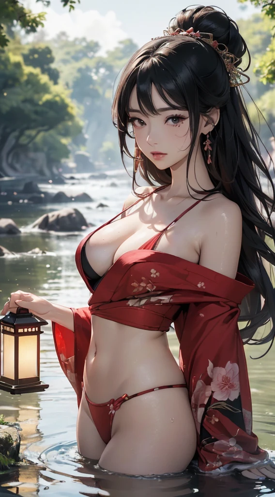(((8k wallpaper of extremely detailed CG unit, masterpiece, 超A high resolution:1.2, top-quality:1.2, masutepiece))), ((extremely beautiful lady, lying in the water, sad Facial expression)), ((extra detailed face, Highly detailed black eyes, extra detailed body, Top quality real texture skins)), (A dark-haired, Light pink eyeshadow:1.2, de pele branca, Small:1.6, Sexy black and red kimono:1.2, off shoulders, Exposed cleavage, exposed shoulder, Exposed thighs), ((plein air, natta:1.8, lantern)), hyper realisitic, digitial painting,