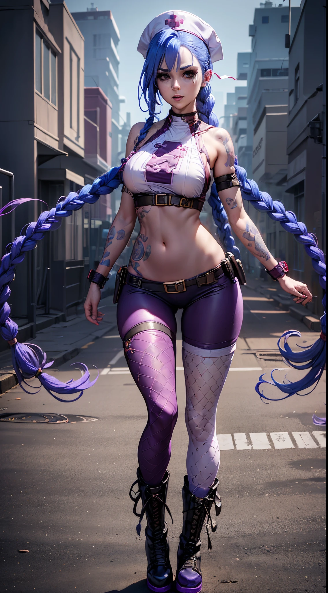 Jinx nurse，nurse hat，(White nurse costume)，red rose tattoo，Blue twist braid，Runaway Lori，League of Legends ，full bodyesbian，(kneehigh boots)),purpleish color，(fishnet leggings),(standing on your feet)，The background is the city street，There is a sense of danger and intensity。