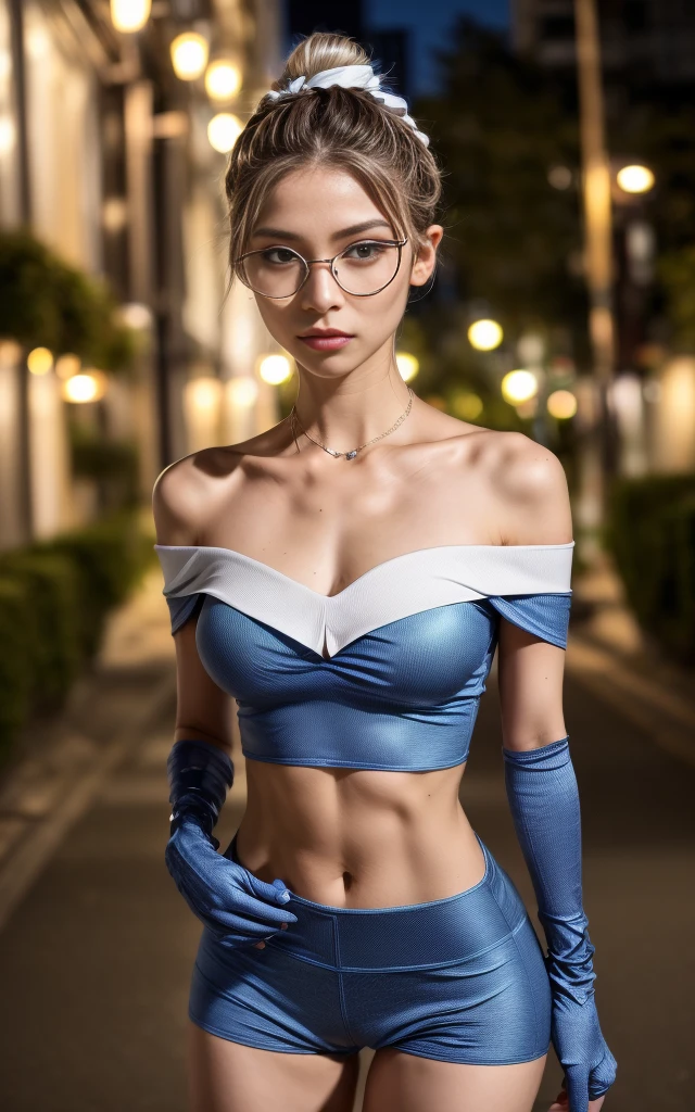 (8K, Masterpiece, RAW photo, Best quality, detail:1.3), (ultra realistic:1.4, scenary, 8K), Depth of field, Cinematic light, (ultra realistic face), (1 ultra skinny girl:1.4), (Beautiful and elegant girl), (tight blue minishorts:1.4), (girl with glasses), (latina face:1.5), (natural abs), (full body:1.6), (off-shoulder tight minitop:1.4), (small necklace, collarbone), (ultra detailed skin:1.3), (tight small gloves:1.2), (complete standing pose:1.2), (ultra realistic skin:1.3), (tight white minitop), (braided bun hair)