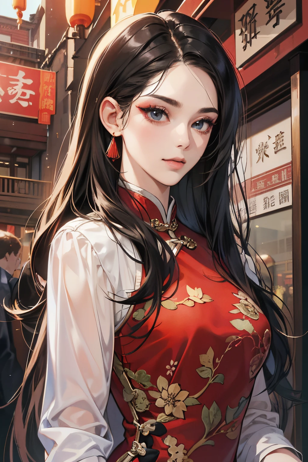 (masutepiece, Digital Art, Digital Illustration, 4K, 8K, Ultra-detailed, beautiful image, Sharp Image, Photorealistic, Raw photo, Perfect face, Perfect lines, Perfect eyes, Soft lighting) 1 woman, (Long Black Hair,straight haired,Bullish gaze,Beautie,qipao dress、Solid makeup,23 y-o woman,small tits:1.3),Secretary, Two handsome men in suits, (ember,Men in suits,well-muscled,Firm shoulder width,Adult male,Boyish hairstyle,English gentlemanly style,Man in his 30s with a cool expression,28-year-old man with bright smile:1.2),couple kissing、kiss、the kiss、Romance、Kissing、Yokohama Chinatown、china taste、chinatown date、