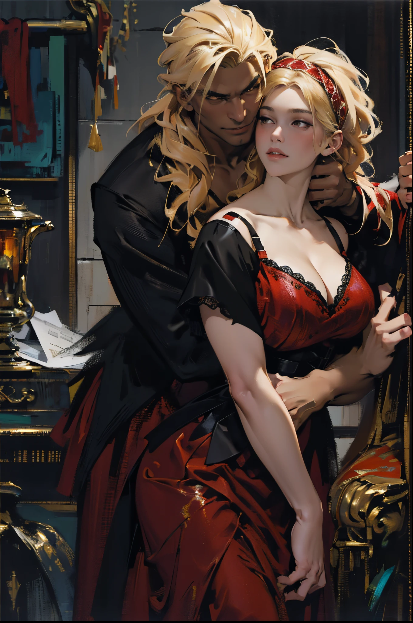 Depicts a strong werewolf hugging a blonde girl,(((black humanoid wolf))),(((Black furry humanoid wolf))),(((Beautiful sexy girl))),(((Blonde girl))),(((Girls wear:Red dress,Manteau blanc,red head band, big bust bra, a skirt, red long skirt,laced dress))),((Sexual suggestiveness)),Correct anatomy,详细的脸, 詳細な目,(((the right proportions))),City at night,The lights are on,scene of serious conflict,a warm color palette,(post impressionist),(Fechin Oil Painting - Fechin Oil Painting , oil painted), 008