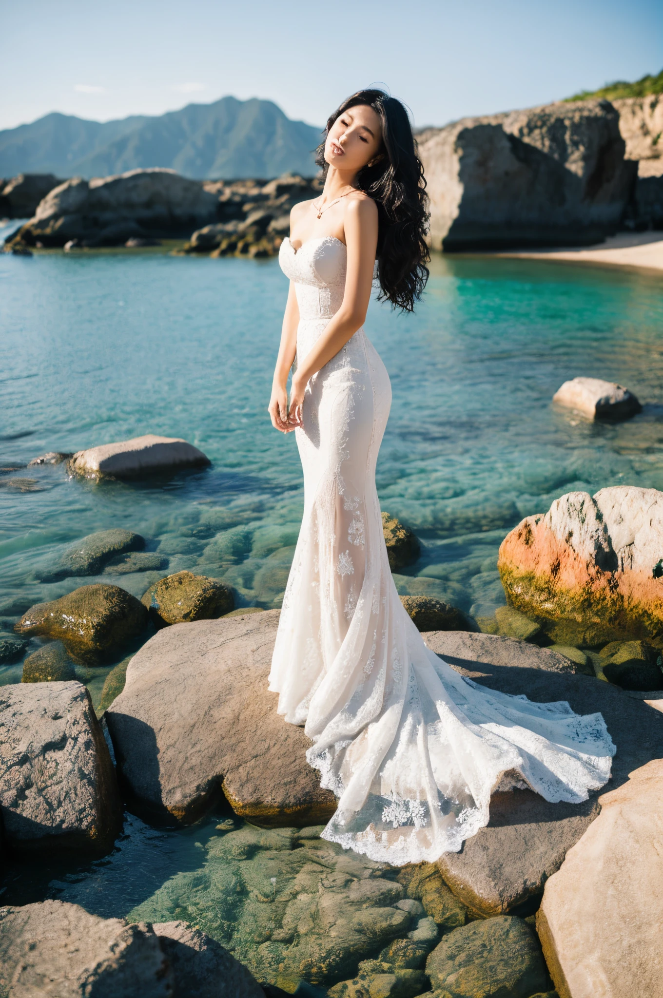 8k, RAW photo, best quality, masterpiece,realistic, photo-realistic, 1girl, 175cm, asian model, 23 years old, whole body,((head to leg)), standing upright, ((View from the front)), black hair, wavy hair, whole body, hair reaches waist, wearing a white lace mermaid wedding dress, long tail, Sweetheart neckline, The picture looks like a product lookbook, background is white sand and gray rocks,