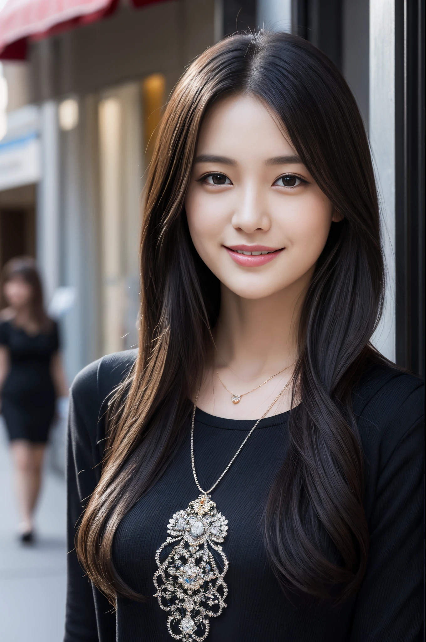 Walk the streets of the city,One lady、 Black shirt, wearing gorgeous black clothes, She wears a black shirt.Black Dress, shopping, In the city, highly detailed beautiful girl, Highly detailed face, Highly detailed eyes, highly detailedskin, extremely detailed fingers, highly detailed nose, very detailed detailed mouth、Smile a little、black pendant