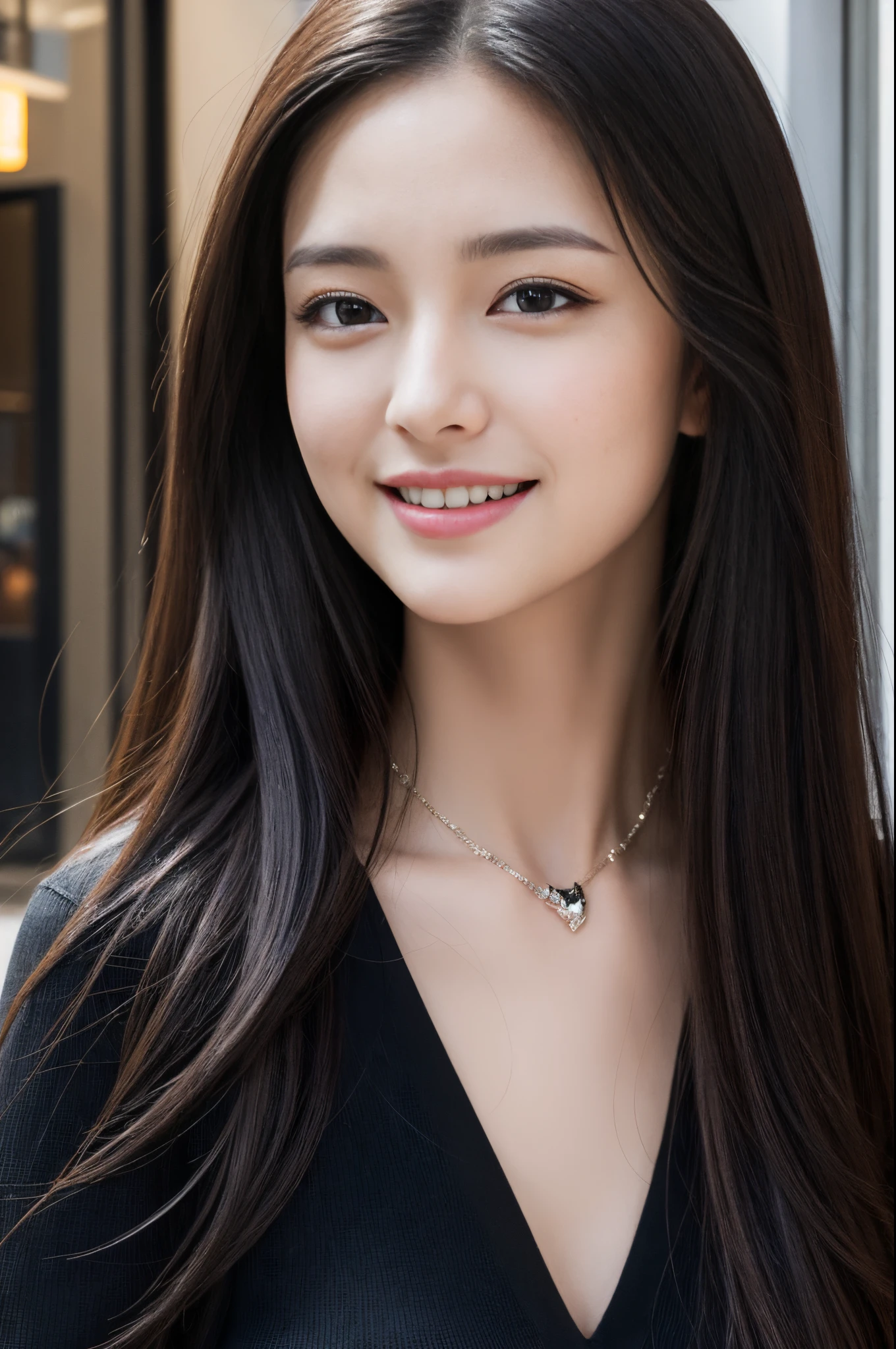 Walk the streets of the city,One lady、 Black shirt, wearing gorgeous black clothes, She wears a black shirt.Black Dress, shopping, In the city, highly detailed beautiful girl, Highly detailed face, Highly detailed eyes, highly detailedskin, extremely detailed fingers, highly detailed nose, very detailed detailed mouth、Smile a little、black pendant
