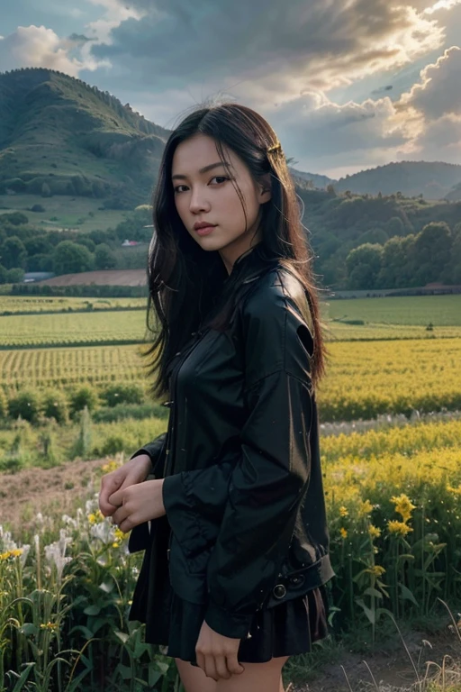 (Realisticity: 1.3), Fine, Quality, Rembrandt Lighting, (Masterpiece: 1.2), (Realisticity: 1.2), (Best Quality), (Skin Details: 1.3), (Intricate Detail), Dramatic, Idyllic, Ray Tracing, 1girl, Chinese Yellow Girl, Long Black Hair, 24 years old, Modern Clothing (Meadow, Sun, Clouds, Fields, Farms, Starlight, Trails)