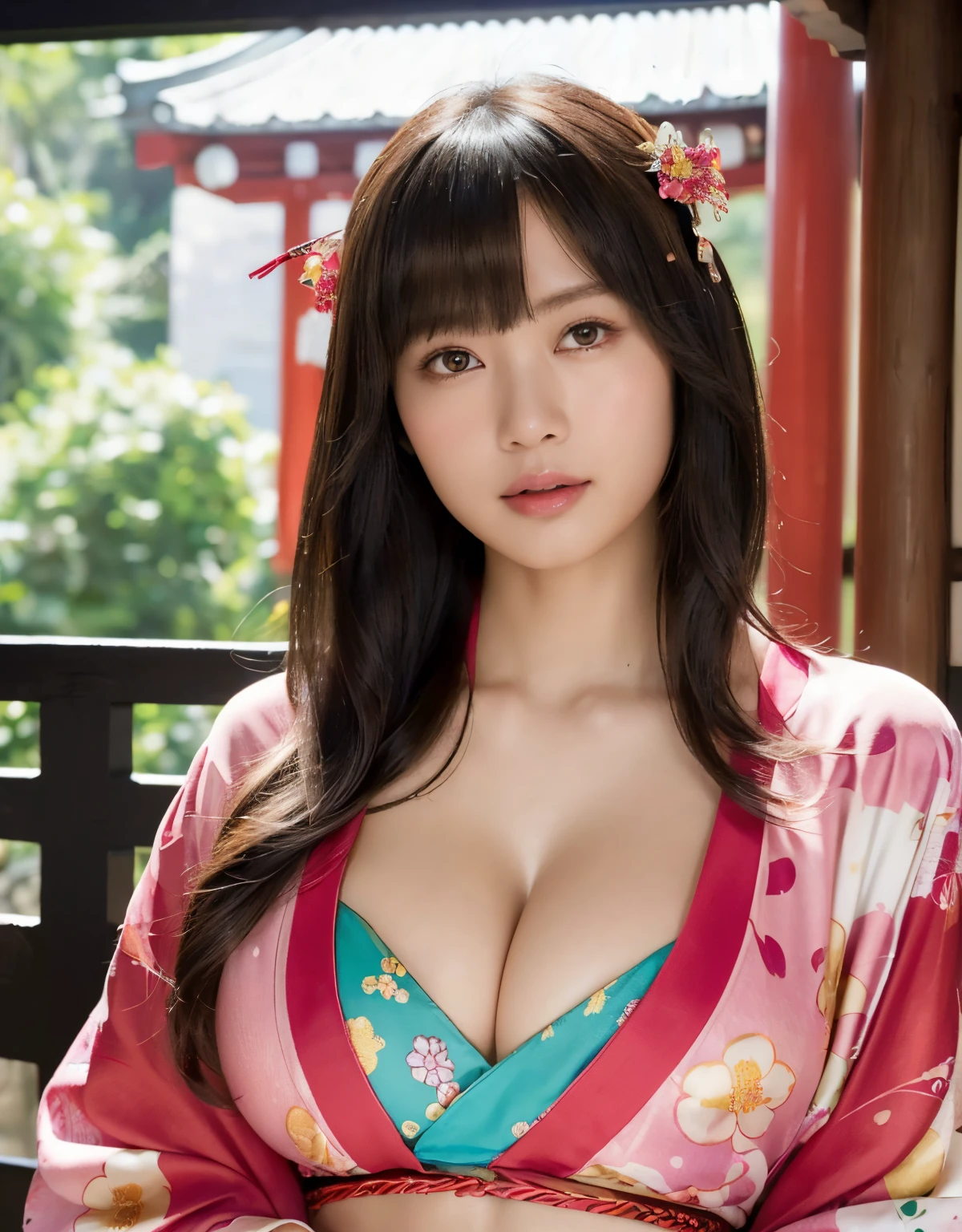 (top-quality、8K、32K、masterpiece、超A high resolution、((maikurobikini)),(Colossal tits)、(((cleavage of the breast))),((extremely heavy breasts)),(Login Hair)、abdominals、the perfect body、(((Armpit))),((oiran woman)), Delicate facial features, Ultra-realistic, Hyper-realistic, 鎖骨、Shadow、octan render、((maikurobikini)),((Wear a beautiful kimono with a high degree of exposure)),hyperdetailed face、Detailed lips、finely eye、二重まぶた、(魅惑的)、((agitation:1.5))、maikurobikini、((Navel))、((Female ninja)),Kunoichi Ninja、Mystical expression、shrine background、Old Town of Japan、((heavy breasts)),Toostock、mecosuji、Kimono with colorful floral pattern、highcontrast、(((Brightly colored kimono))),heavy breasts、((Glamorous Jar)).((Take a variety of sexy poses)),flicker、Kimono comes off、Natural light、cyan colors、