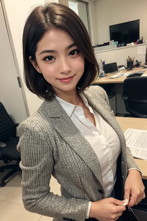 Floresta, chuva, studiolight, profundidade de campo, parte superior e inferior do corpo, delgado, cara bonito, grande sorriso, belos olhos de detalhe, without false eyelashes, short eyelashes, 32 years Japan, fofo, cachos volumosos marrons quentes, Office suit, law office, puro,
