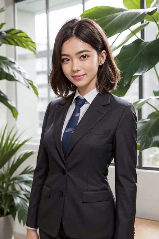 ((Brown Skin, Mature)), (Japan business lady, in navy blue business uniform:1.3, mini skirt), whole body:1.3, chubby shape:0.1, hightquality, ultra high resolution, (Photorealsitic:1.4), Japanese, (Beautiful:1.1), (One Woman:1.5), (45 year old:1.3), (photorealistic photos:1.2), in 8K,  (solo, one person:1.5), A smile, Behind the photo, Bangs straight, A big smile, wavy hair, Thick thighs,Sitting, Urban area, 