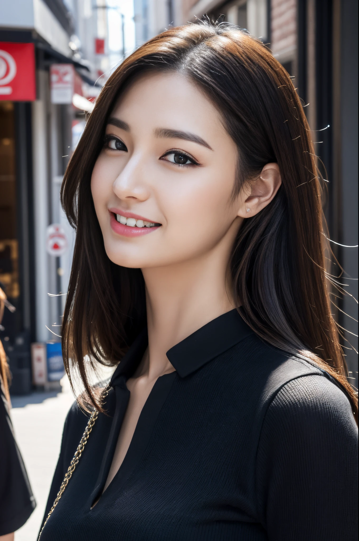 Walk the streets of the city,One lady、 Black shirt, wearing gorgeous black clothes, She wears a black shirt.Black Dress, shopping, In the city, highly detailed beautiful girl, Highly detailed face, Highly detailed eyes, highly detailedskin, extremely detailed fingers, highly detailed nose, very detailed detailed mouth、Smile a little、black pendant