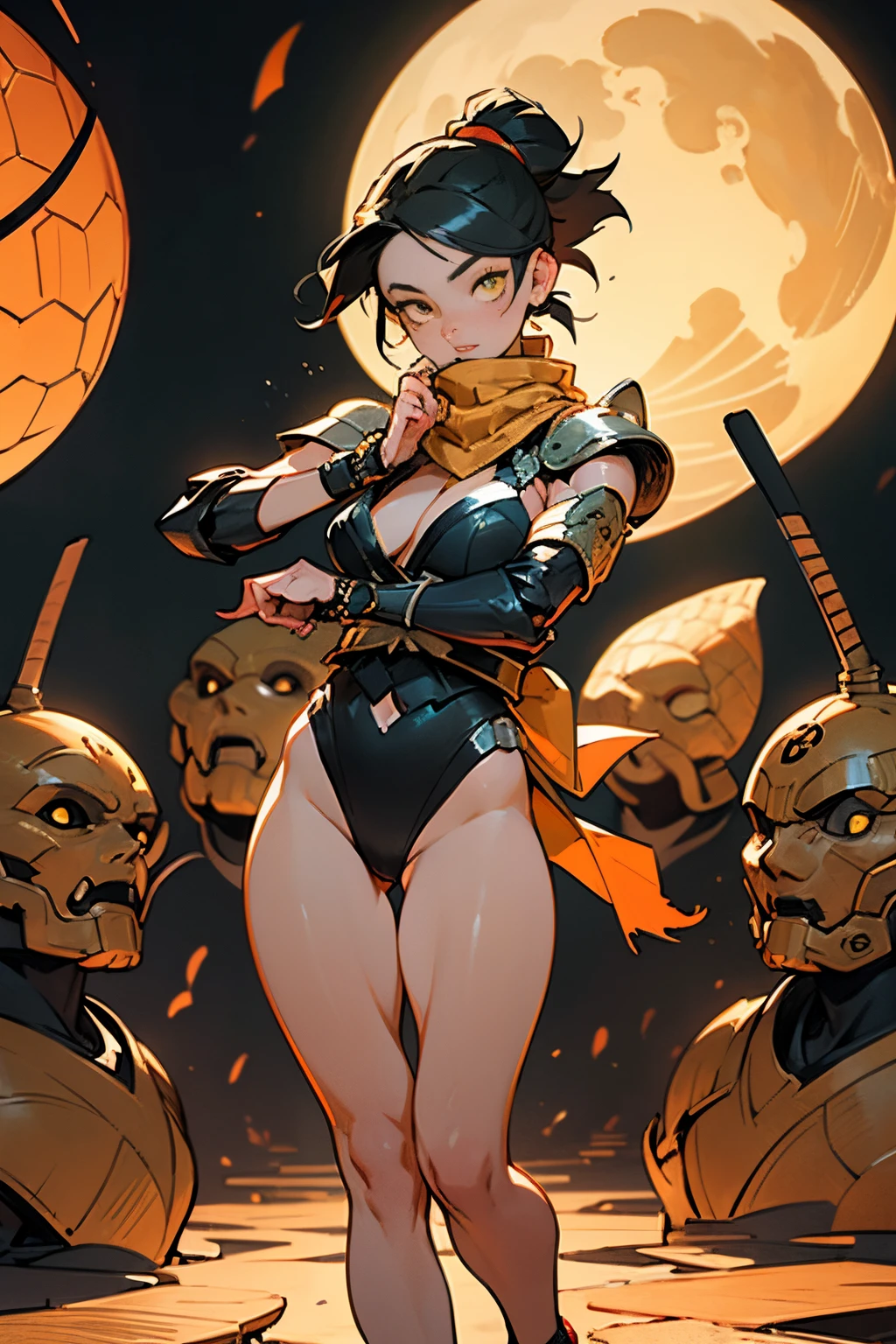 [Shinjuku background at night],Ginrei from Giant robot, (HENTAI ANIME) (Japanese NINJA Girl (Beauty) 19 student) petite and muscular [Slim & fit body], Short Bob Cut,([hornet] Orange Ninja Battle Armor) scarf [stall] ((Fitting rubber inner) [honeycomb] [edg]) hair adornments (Dull metallic luster:0.8),gravure [KUNOICHI],(Perfectly proportioned),Ideal color coordination),(Intricate and beautiful decoration (Dense detail)),[Perfect hand details],(Beautiful perfect face, yellow eyes, yellow irises, [Perfect eye details, [Full body like], fit thighs, thigh gap,[[Desaturation]], pretty hands, perfect fingers