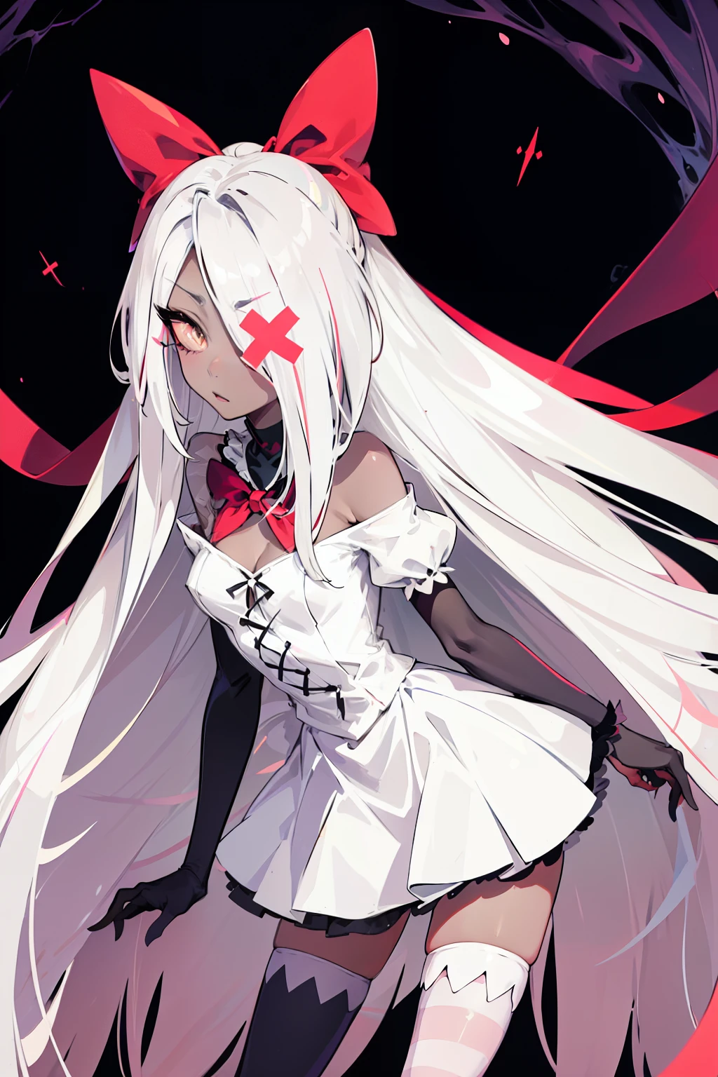 Vaggie, 1girl, gray skin, white hair, pink sclera, yellow pupils, long hair, white dress, striped stockings, hair bow, long gloves, perfect anatomy, solo