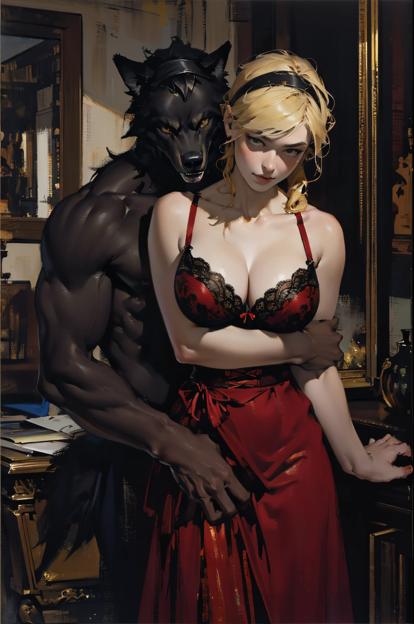 Depicts a strong werewolf hugging a blonde girl,(((black humanoid wolf))),(((Black furry humanoid wolf))),(((Beautiful sexy girl))),(((Blonde girl))),(((Girls wear:Red dress,Manteau blanc,red head band, big bust bra, a skirt, red long skirt,laced dress))),((Sexual suggestiveness)),Correct anatomy,详细的脸, 詳細な目,(((the right proportions))),City at night,The lights are on,scene of serious conflict,a warm color palette,(post impressionist),(Fechin Oil Painting - Fechin Oil Painting , oil painted), 009