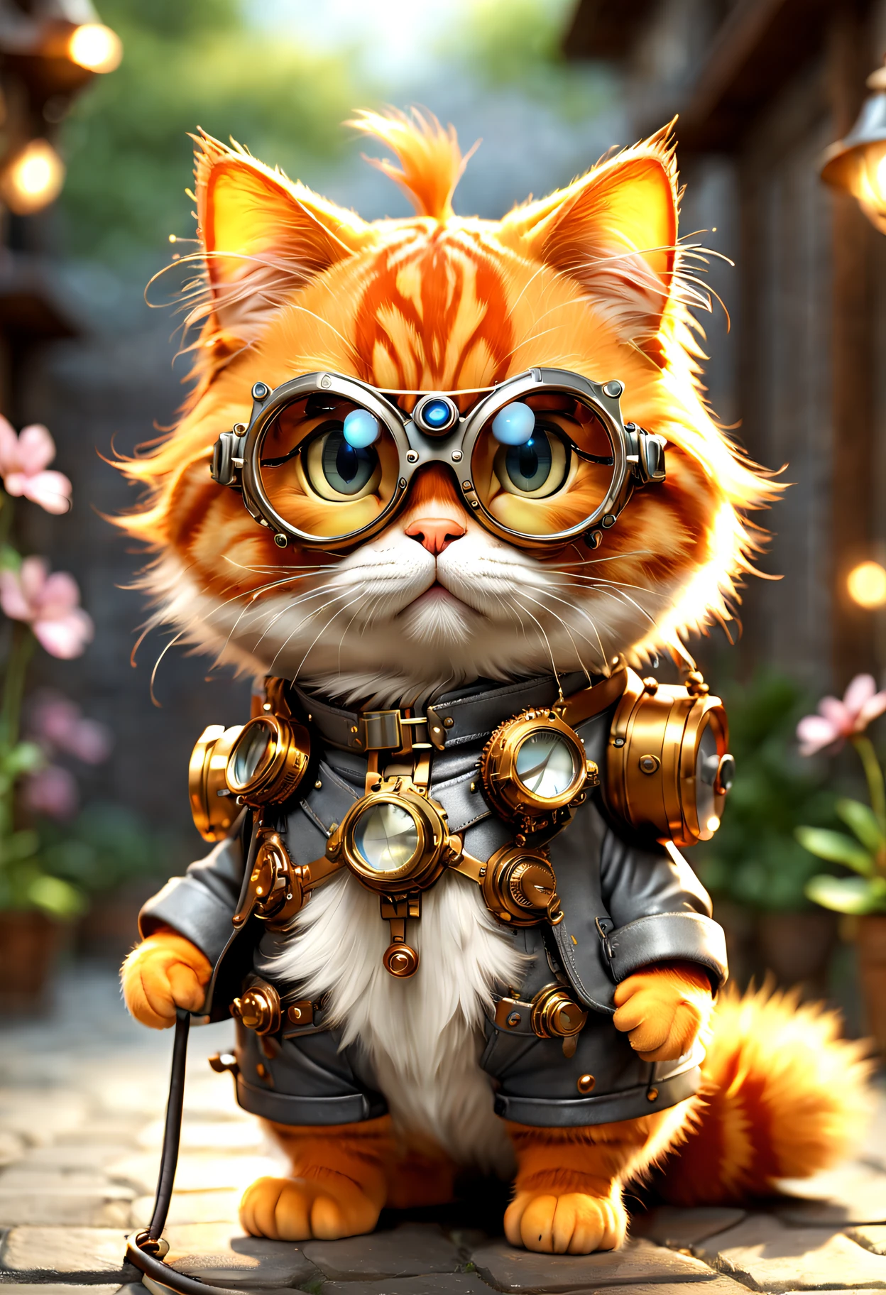 (Garfield：1.8)，Orange fur，streaked，sbeard，pockmark，pointy ears，petty eyes，fatness，Cute Garfield cat wearing goggles, In steampunk style, cg render, Small animals, 4K, simple, Aesthetic (3D, Cute big breasts, chibiStyle), ((Perfect high-detail images)), Ultra-realistic rendering of details, Pose gracefully, profesional lighting, Complicated details，(Smooth texture), (exquisite and meticulous), Orange and gray body, sat on the ground, cheerful, 3D, c4d, Blander, Octagonal rendering, simple backgound, (Simple background :1.1), A masterpiece of pastel colors, soft material, Best quality, ultra - detailed, high high quality, 4K, (3D, Cute big breasts, chibiStyle), ((Perfect high-detail images)),Detail Master 2,Best quality,ultra - detailed,beautidful eyes,beautiful detailed lips,extremely fine fur,Playful expression,Cute pose,coloured background,vibrant with colors,Whimsical style,Humorous atmosphere,comic artstyle,lively composition,Bright lights,Outdoor view,Lush garden setting