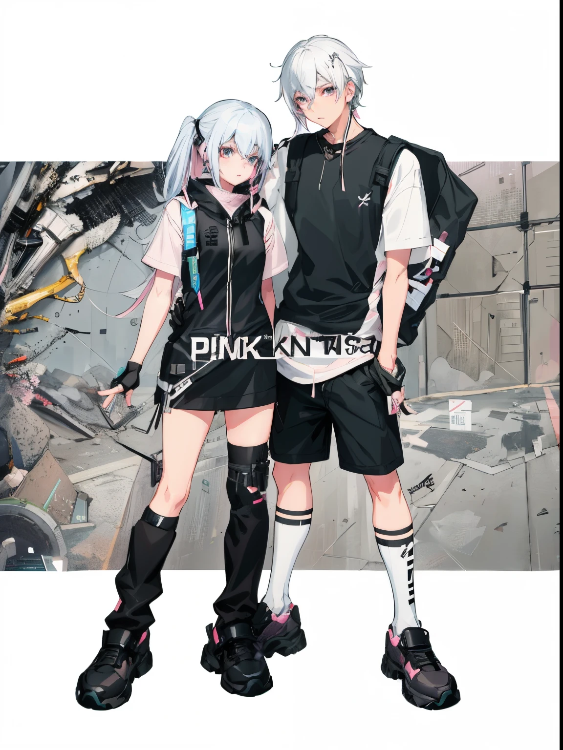 Anime couple wearing black and white clothes standing side by side, cyberpunk streetwear, Girly frontline style, modern anime style, guweiz on pixiv artstation, wearing cyberpunk streetwear, Guweiz style artwork, Cyberpunk costumes, Pixiv style, black white pink, ((Pink)), guweiz on artstation pixiv, style anime