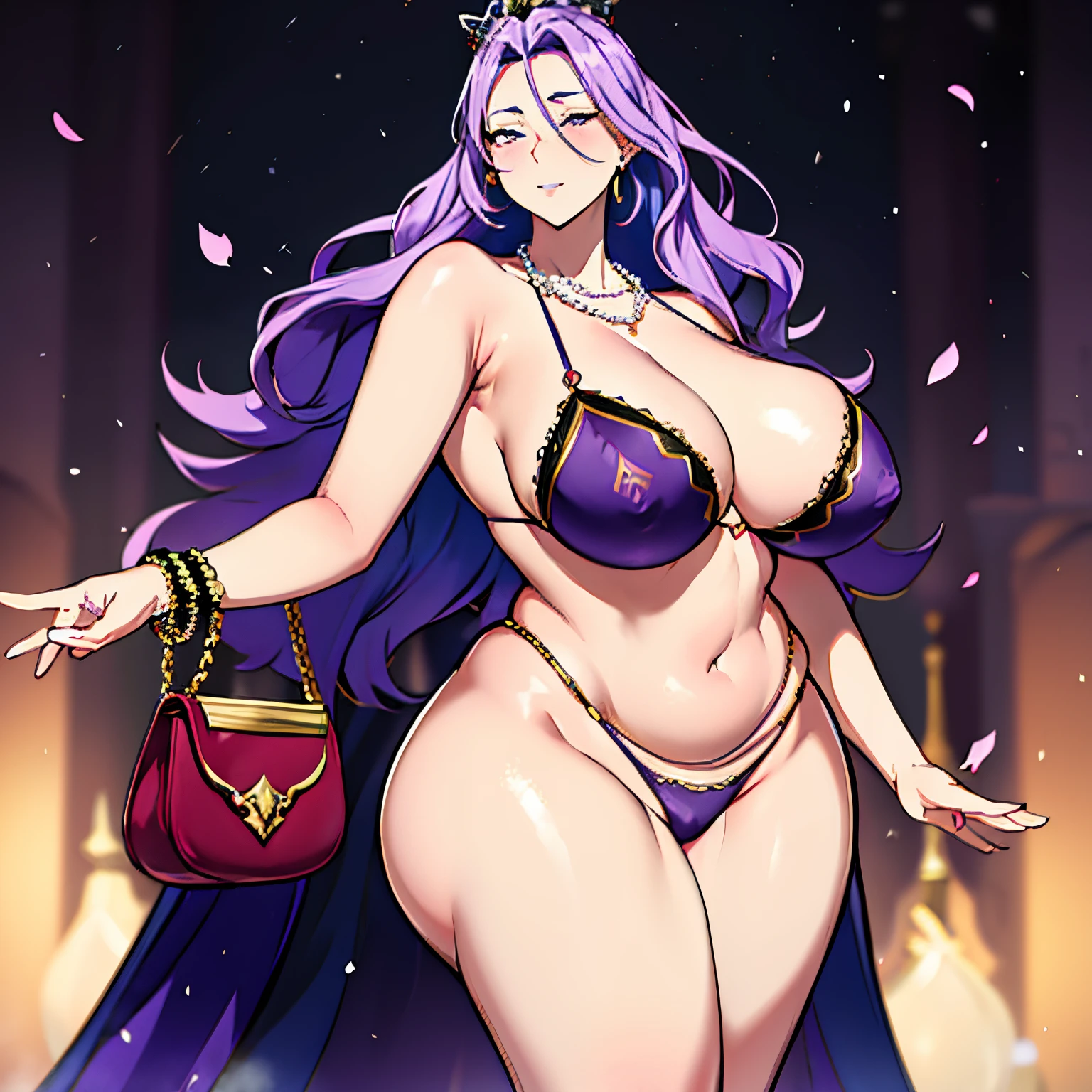 (solo), centered, Ultra-detailed, vibrant colors, snowfield background, darkness, falling petals, arrogant 1girl, mature female, queen mother, very mean, cruel, wicked laugh, large breasts, voluptuous, cleavage, tall, big ass, slim thick, small waist, slim thin arms, (skinny bikini), ribbon, handbag, purse, long purple top knot hair, luxurious jewelries, expensive necklaces, pearls, pendants, bracelets, earrings, crown, red glowing eyes, (looking at viewer), from below, depth of field, cinematic lighting, close-up, masterpiece, (anatomically correct),