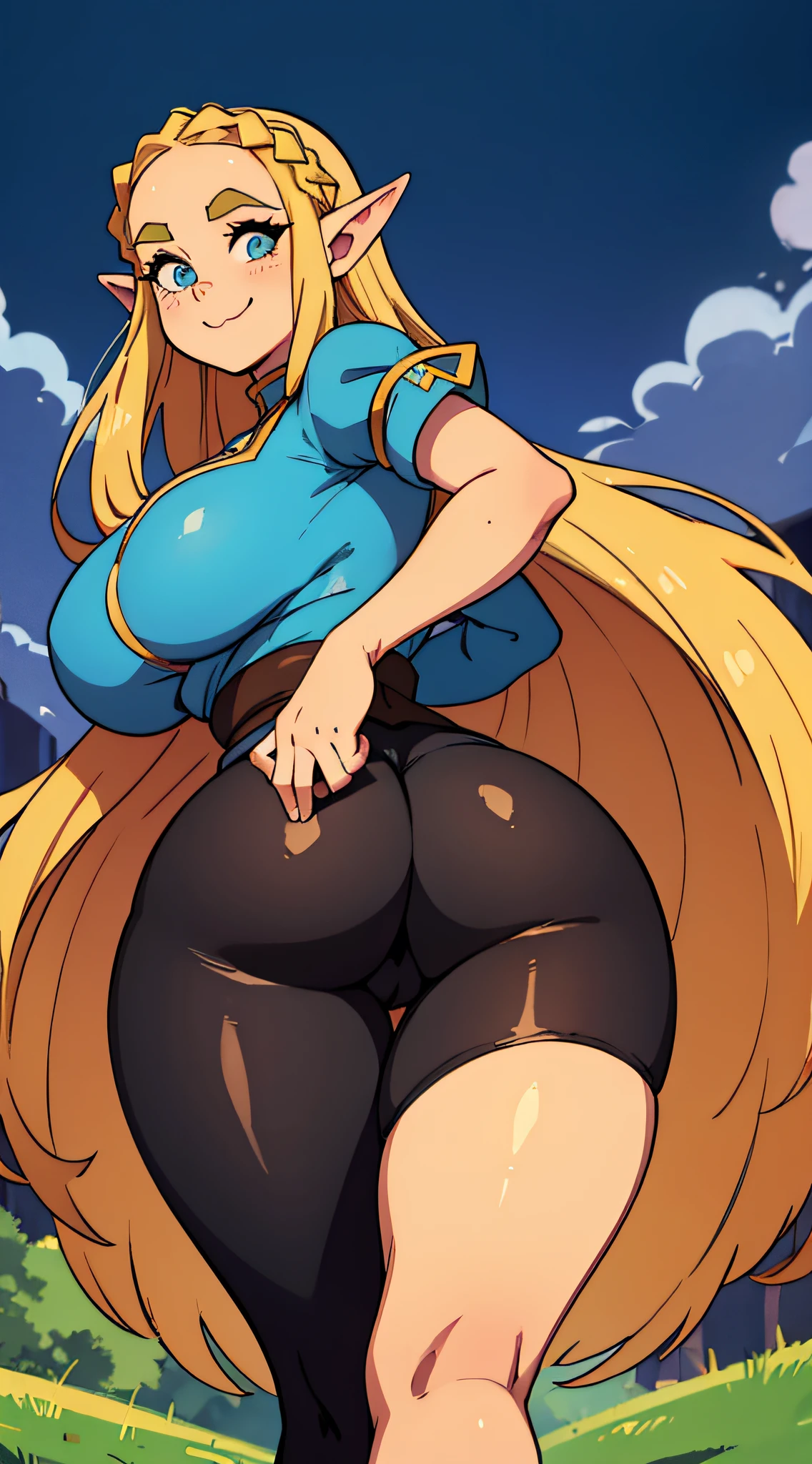 Best quality, (masterpiece:1.3), (best quality:1.2), (thick outlines:1.4), cute, ([princess zelda)), solo, female, long hair, blonde hair, big eyes, big eyebrows, blonde eyebrows, smirk, slim waist, happy smile, curvy body, (voluptuous, wide hips, thigh gap), large breasts, (huge ass, ass grab, thick thighs, tight black leggings, from behind), happy clouds