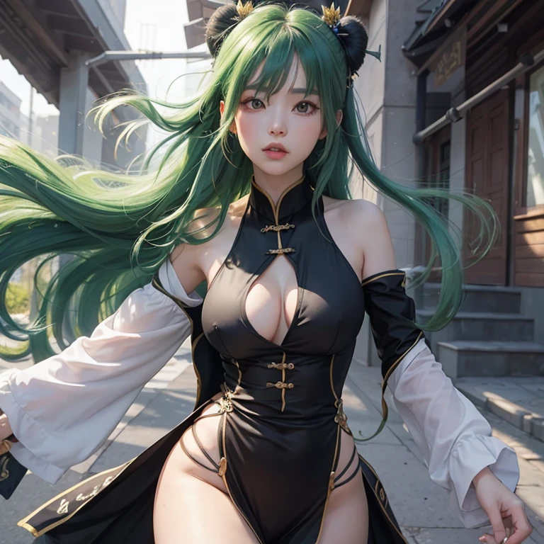 （（masutepiece、An ultra-high picture quality、ultra-quality、8K、clear details、face perfect、Phenomenally cute face、perfect and slender body、realphoto、）） student、A cute girl with green hair that stretches down to her back, Standing around 150cm tall.、Green hair、Hair fluttering in the wind、 black chinese clothes、The crotch visible from the black Chinese dress fluttering in the wind、Give me a sullen look, but she looks shy.、（A photo looking up from below with a full body composition、The wind flips my clothes and I can see my crotch..）